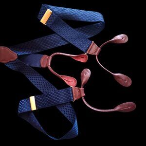 Vintage Blue Checkered Suspenders Pelican Leather Tog Loops Gold-Tone Clips